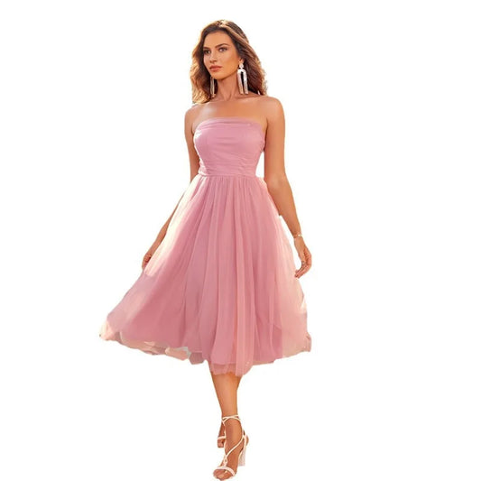 2024 Mesh Sleeveless Strapless Tube Top Pink Prom Cocktail Party Dress