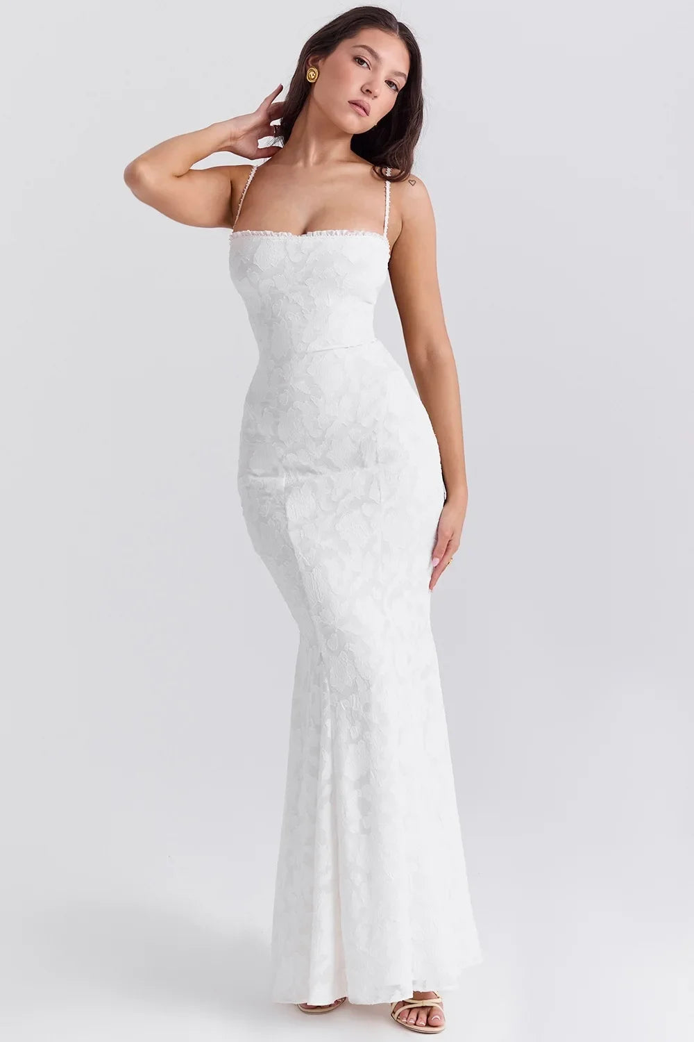 2024 Sexy Sleeveless Backless Spaghetti Straps White Lace Embriodery Formal Evening Dress