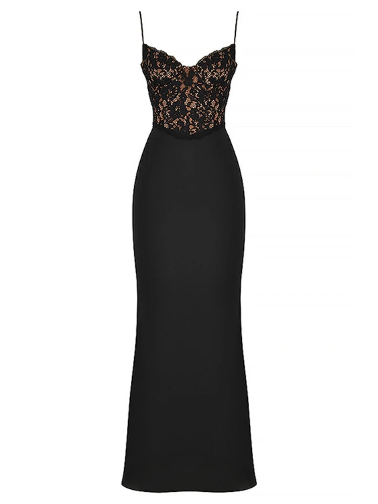 2024 Sexy V-neck Spaghetti Straps Lace Long Black Formal Evening Dress