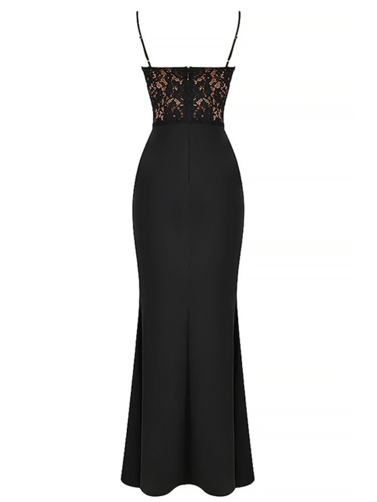 2024 Sexy V-neck Spaghetti Straps Lace Long Black Formal Evening Dress