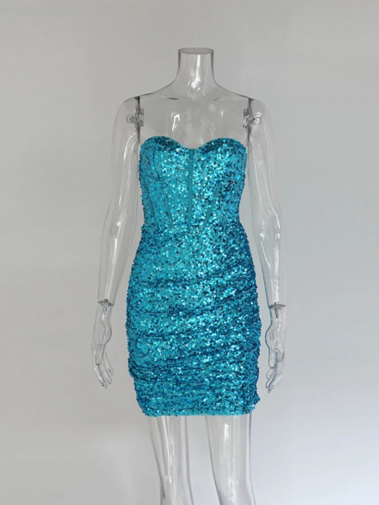 2024 Spice Girl Sequined Tube Top Fishbone Sweetheart Mini Party Club Dress