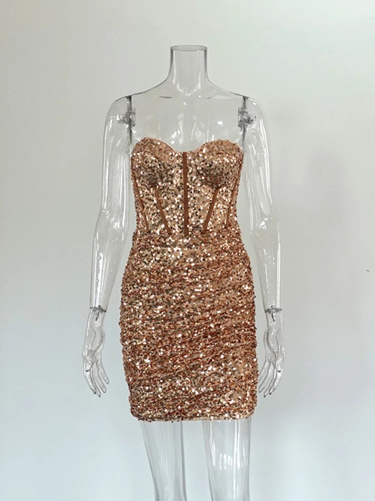 2024 Spice Girl Sequined Tube Top Fishbone Sweetheart Mini Party Club Dress