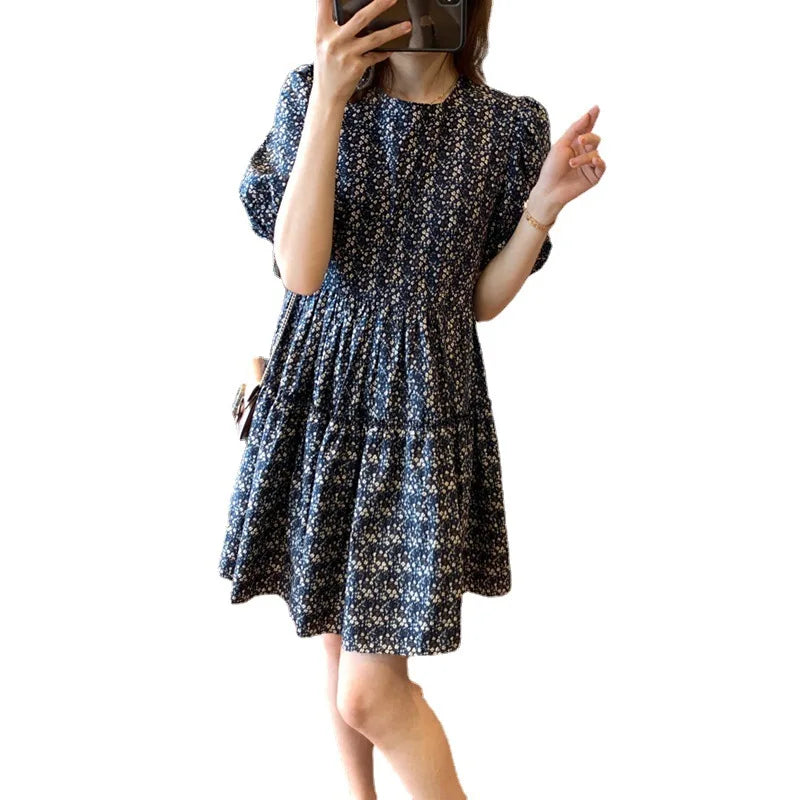 2024 Summer French Slim Puff Sleeves Blue Flower Print Short Dress