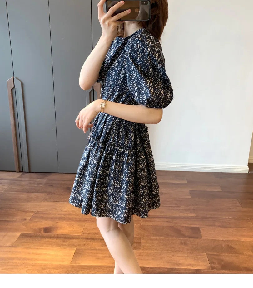 2024 Summer French Slim Puff Sleeves Blue Flower Print Short Dress