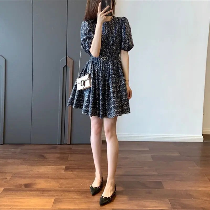 2024 Summer French Slim Puff Sleeves Blue Flower Print Short Dress