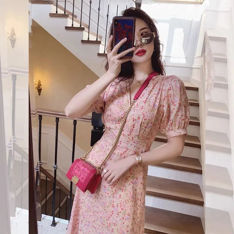 2024 Summer New French Retro V-neck Pink Floral Long Dress