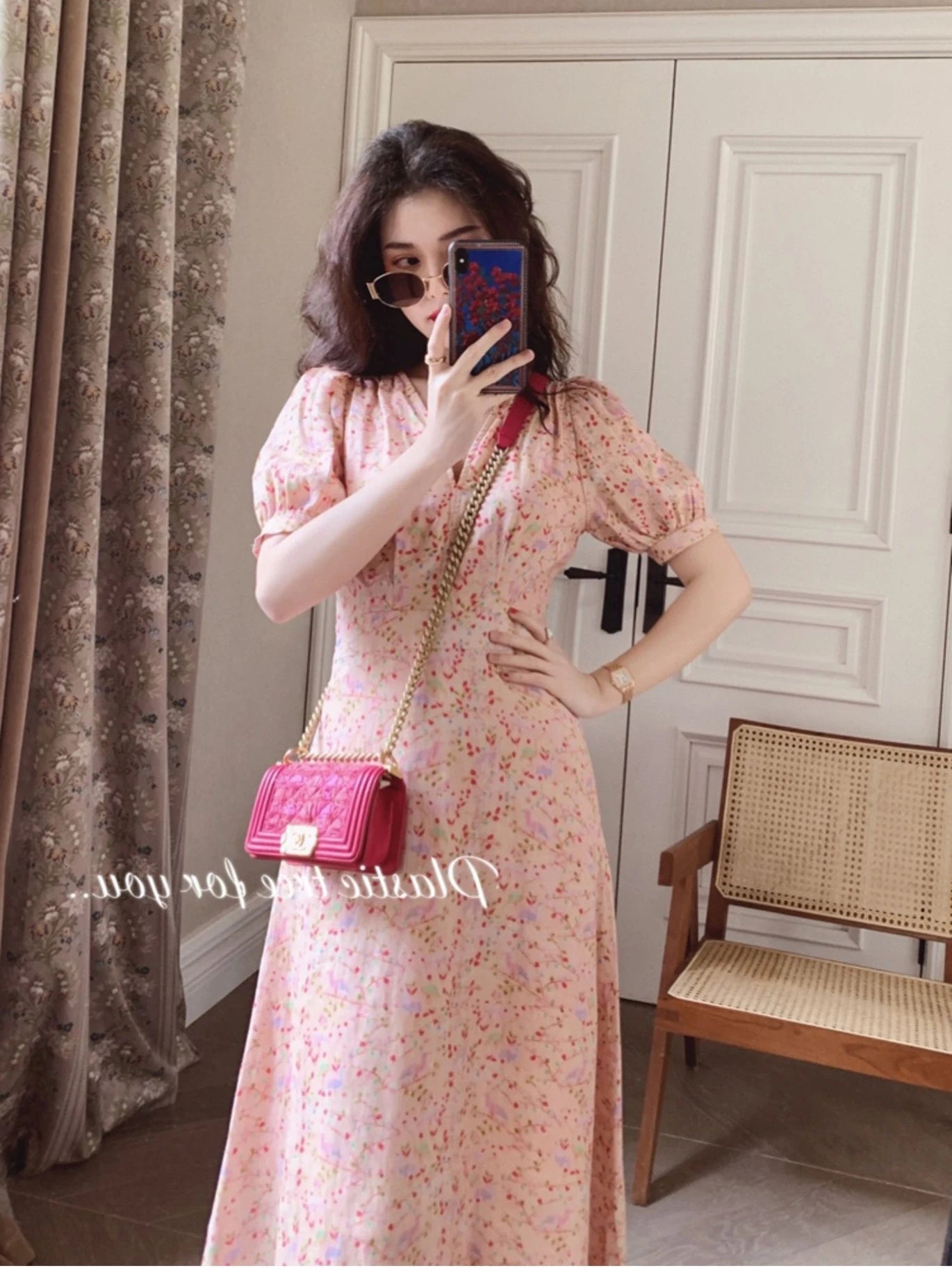 2024 Summer New French Retro V-neck Pink Floral Long Dress