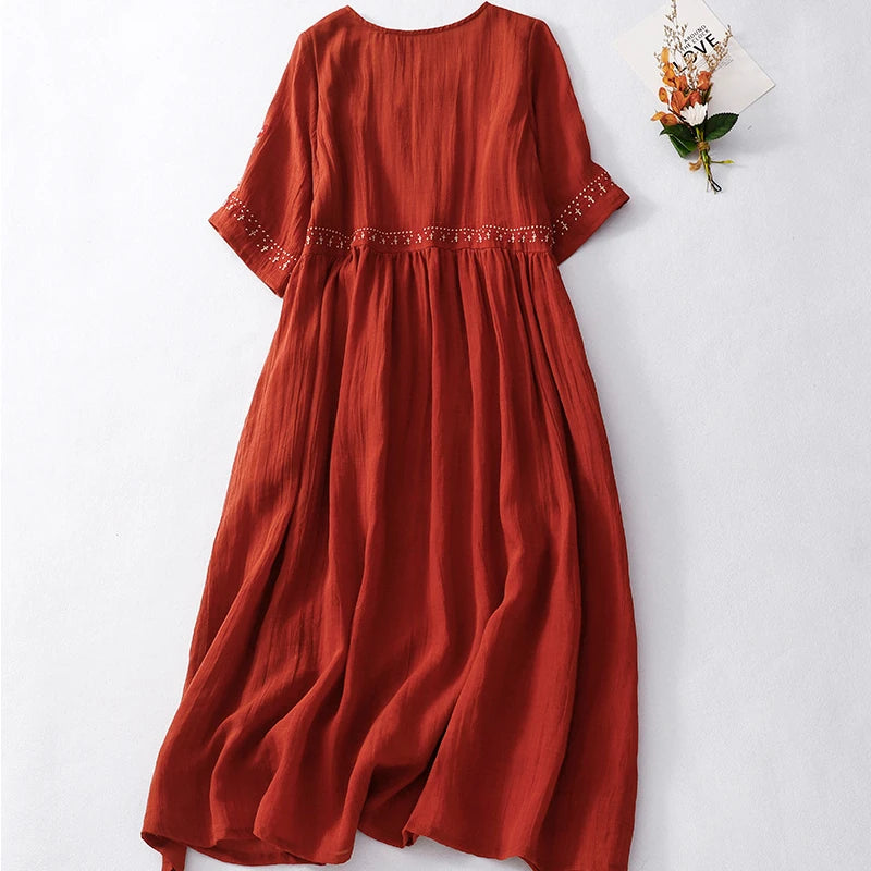 2024 Summer Retro Loose mEbroidery New Round Neck Short-sleeved Cotton Linen Dress