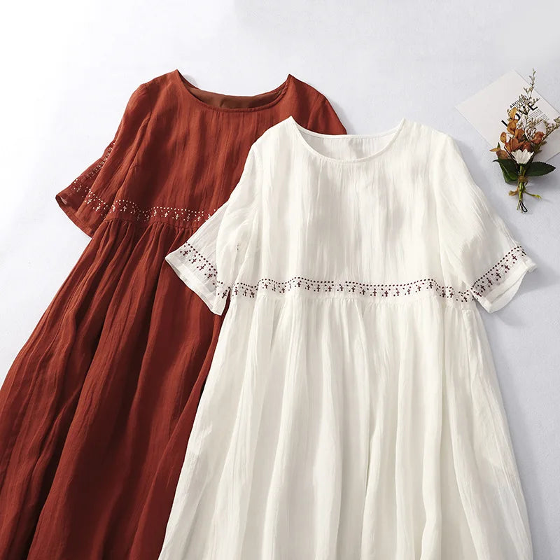 2024 Summer Retro Loose mEbroidery New Round Neck Short-sleeved Cotton Linen Dress