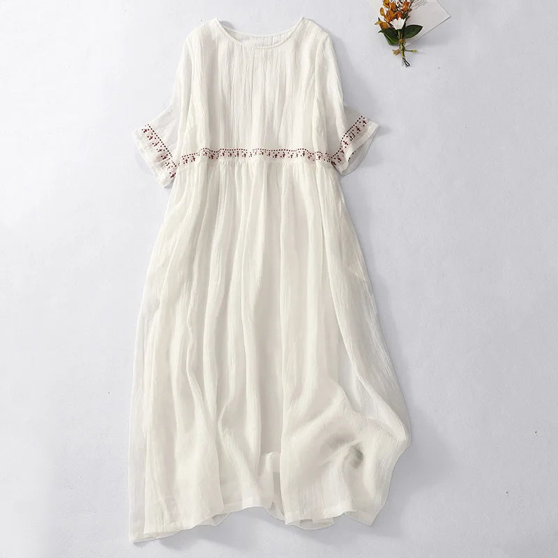 2024 Summer Retro Loose mEbroidery New Round Neck Short-sleeved Cotton Linen Dress