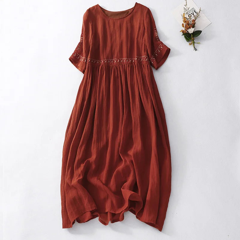 2024 Summer Retro Loose mEbroidery New Round Neck Short-sleeved Cotton Linen Dress