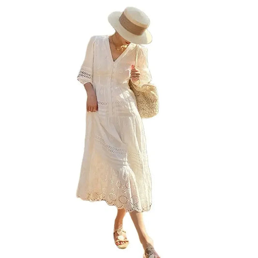 2024 Vacation Embroidery French V-neck Hollow White Long Pure Cotton Dress