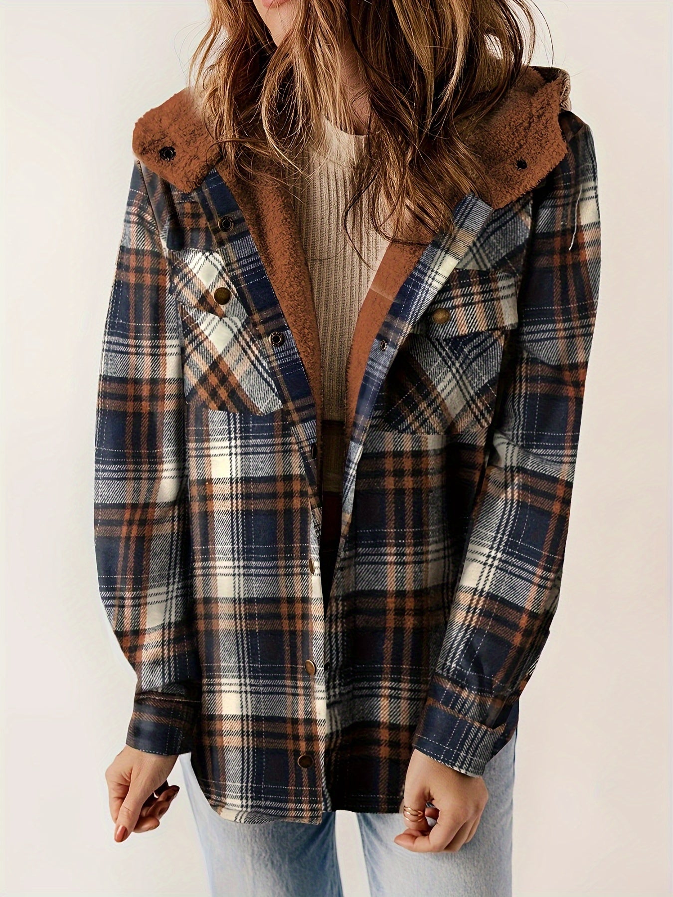 Plaid Pattern Hooded Jacket, Casual Button Front Long Sleeve Outerwear, Women's Clothing