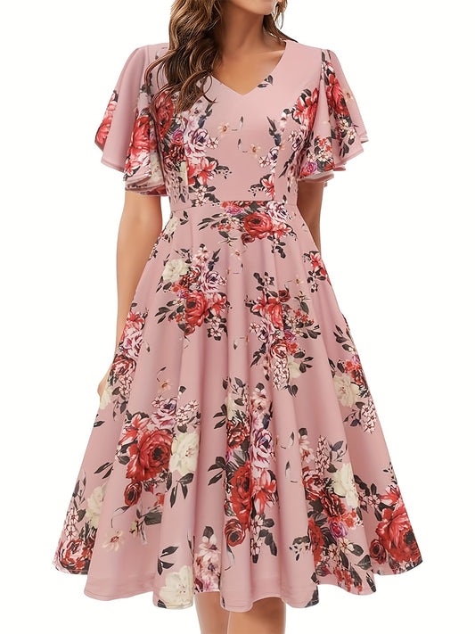 Floral Print Flutter Sleeve Dress, Casual V-neck Dress For Spring & Summer, Women's Clothing