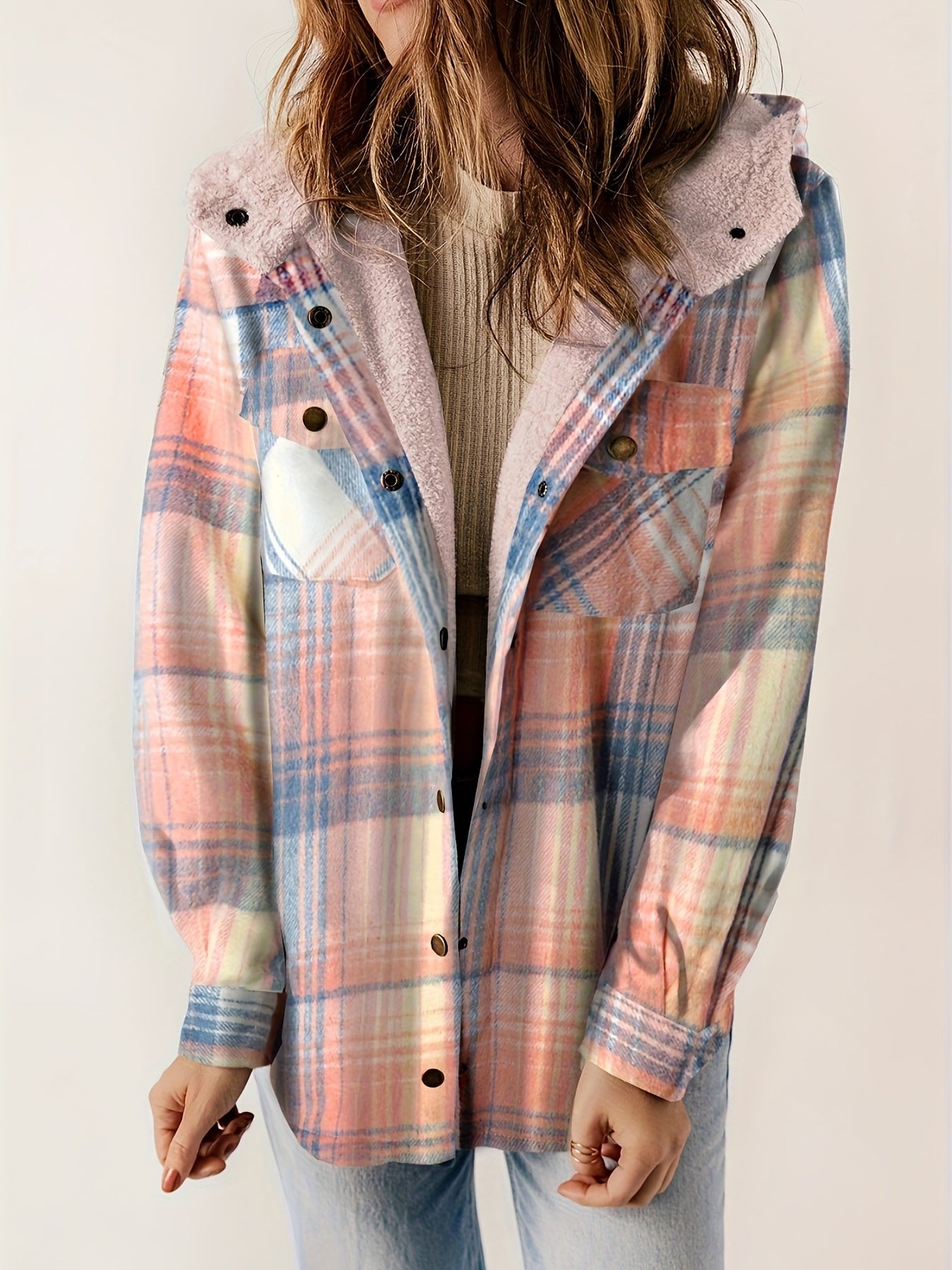 Plaid Pattern Hooded Jacket, Casual Button Front Long Sleeve Outerwear, Women's Clothing