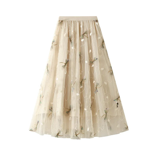 3D Embroidered Dragonfly High Waist Mesh Skirt