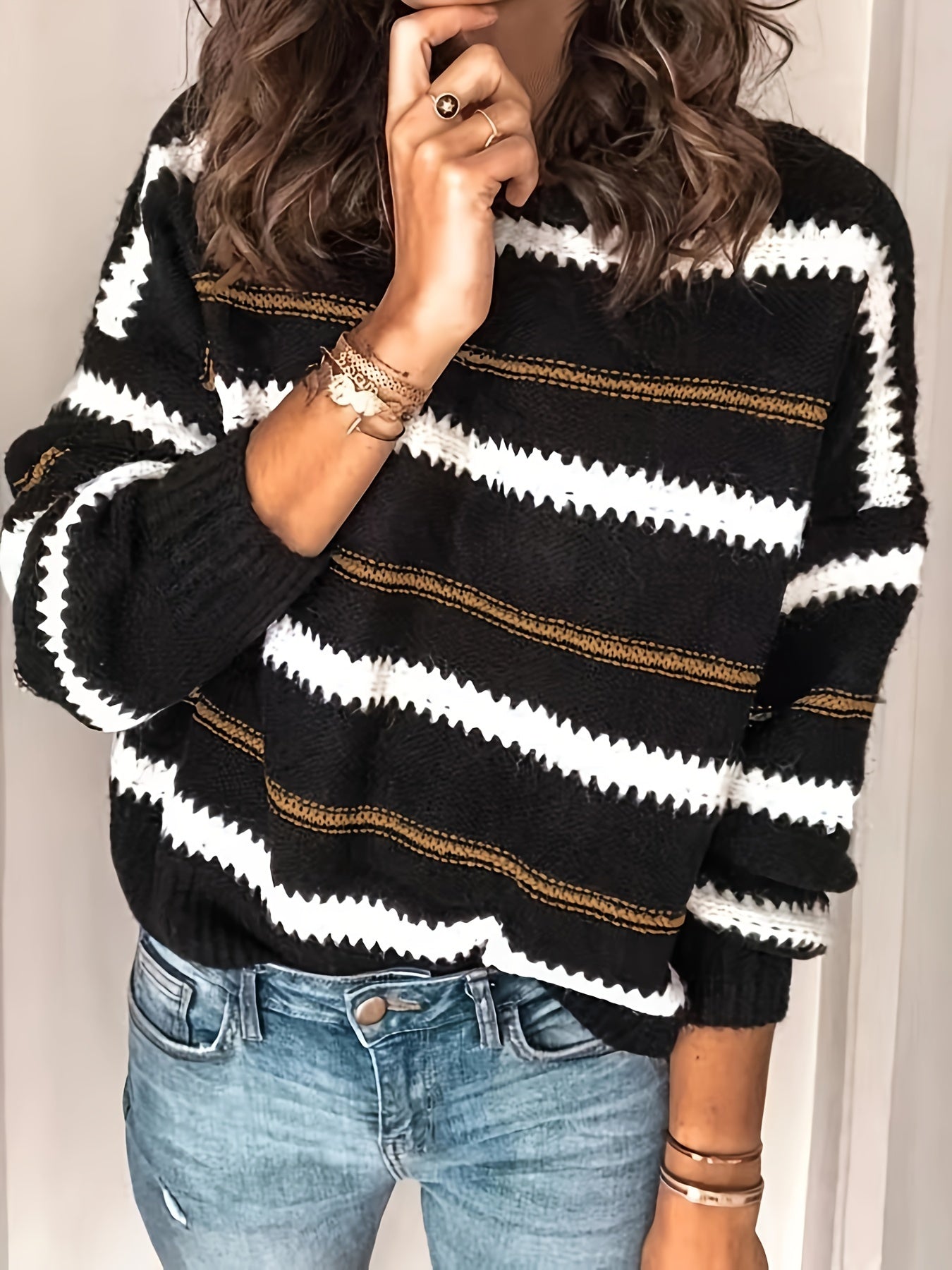 Striped Pattern Crew Neck Knitted Top, Casual Long Sleeve Pullover Sweater For Fall & Winter, Women's Clothing