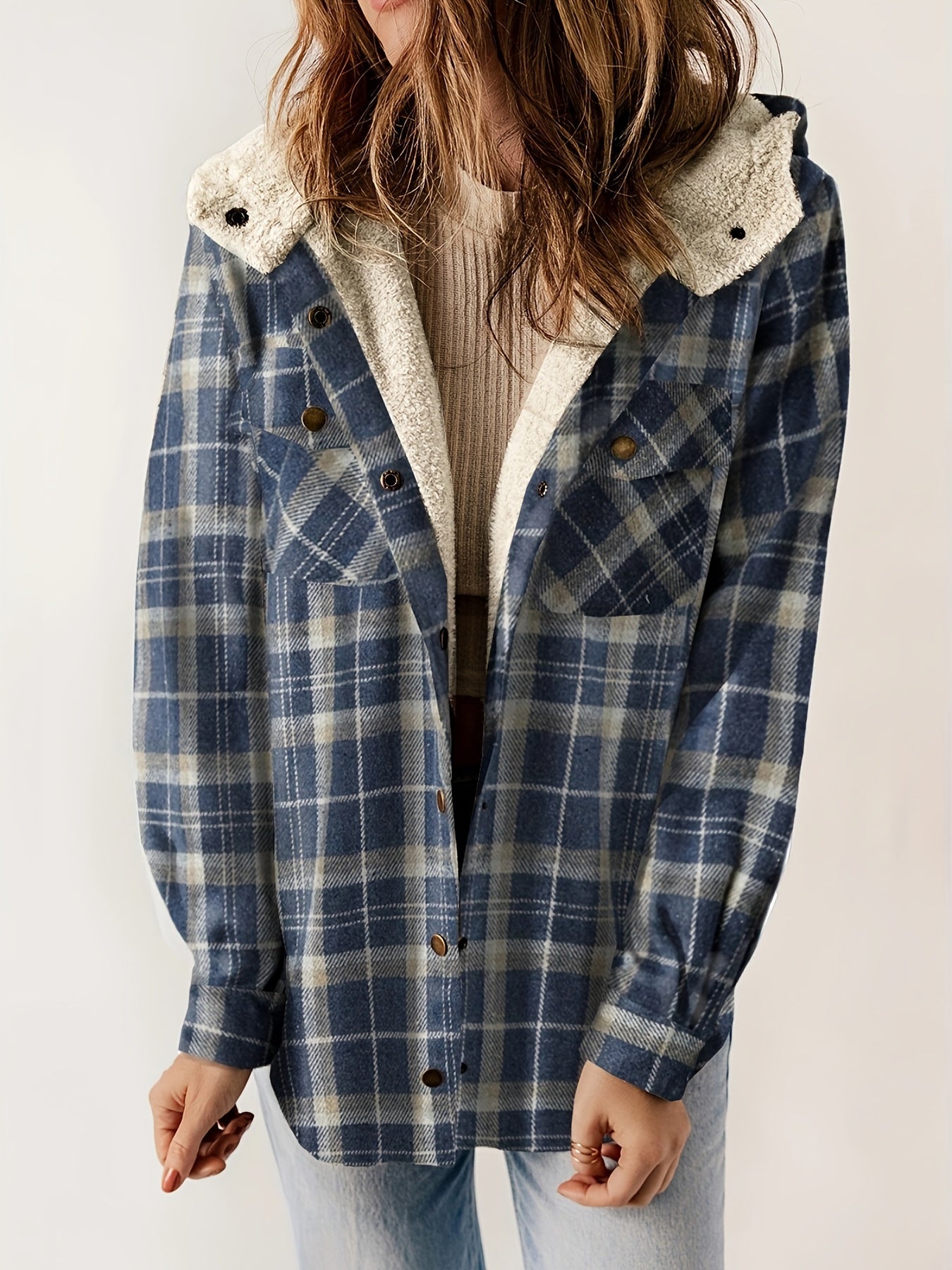 Plaid Pattern Hooded Jacket, Casual Button Front Long Sleeve Outerwear, Women's Clothing