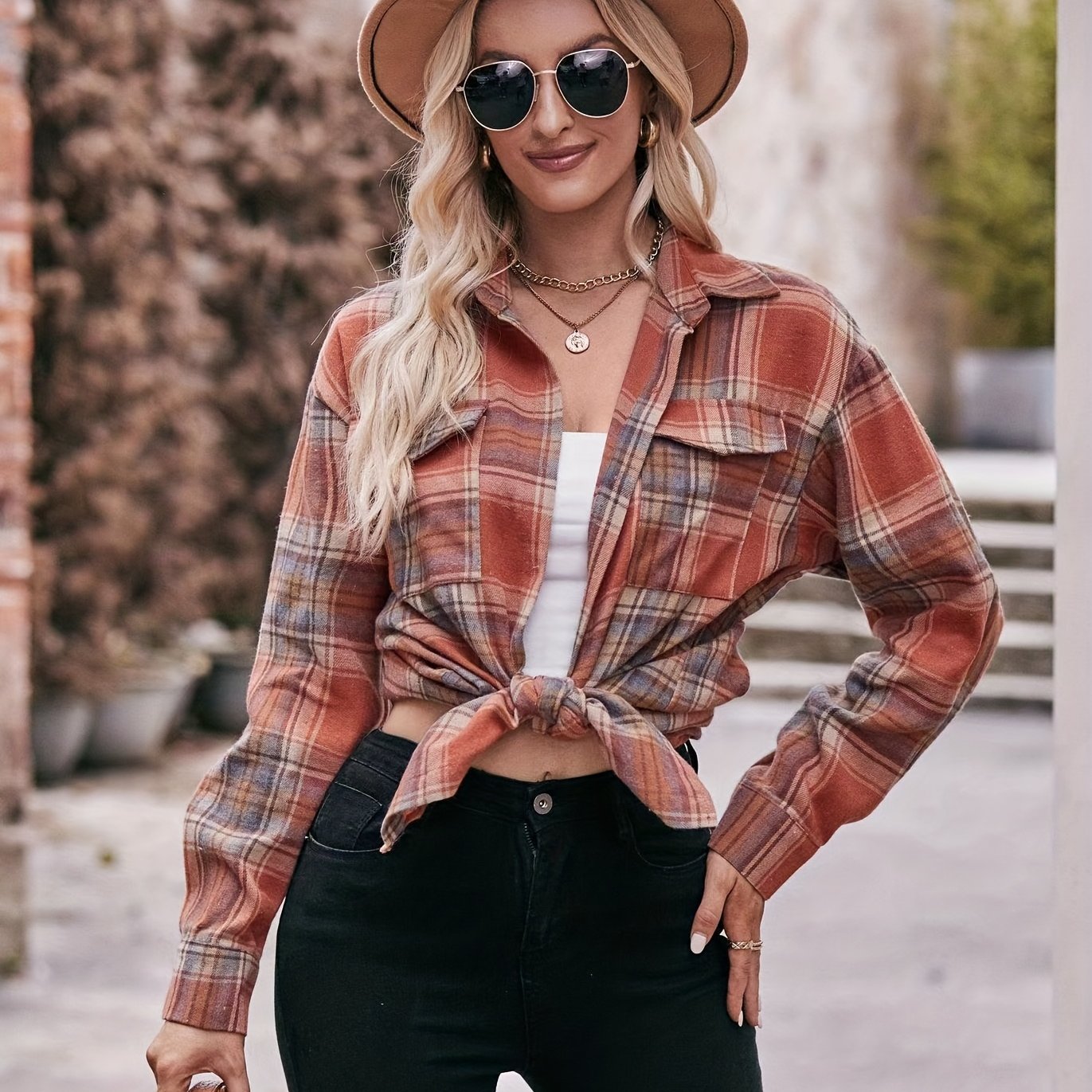 Plaid Print Polo Collar Button Shirt, Casual Long Sleeve Shirt For Spring & Fall, Women's Clothing