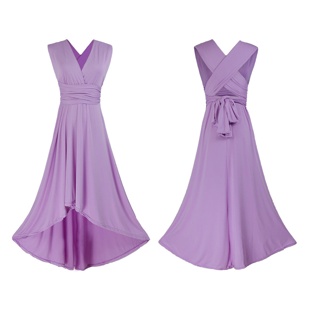 Multi-wearing High Low Backless V-neck Bridesmaid Semi-formal Dress