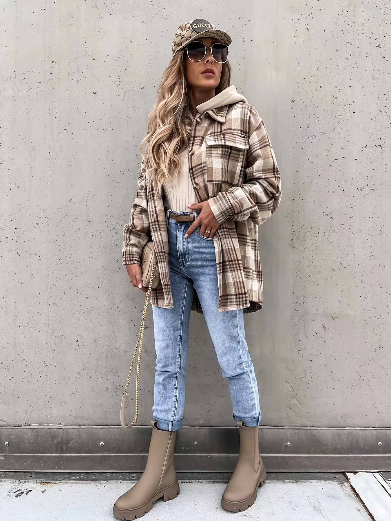 Preppy Button Plaid Drop Shoulder Jacket, Casual Long Sleeve Jacket For Fall & Winter, Women's Clothing