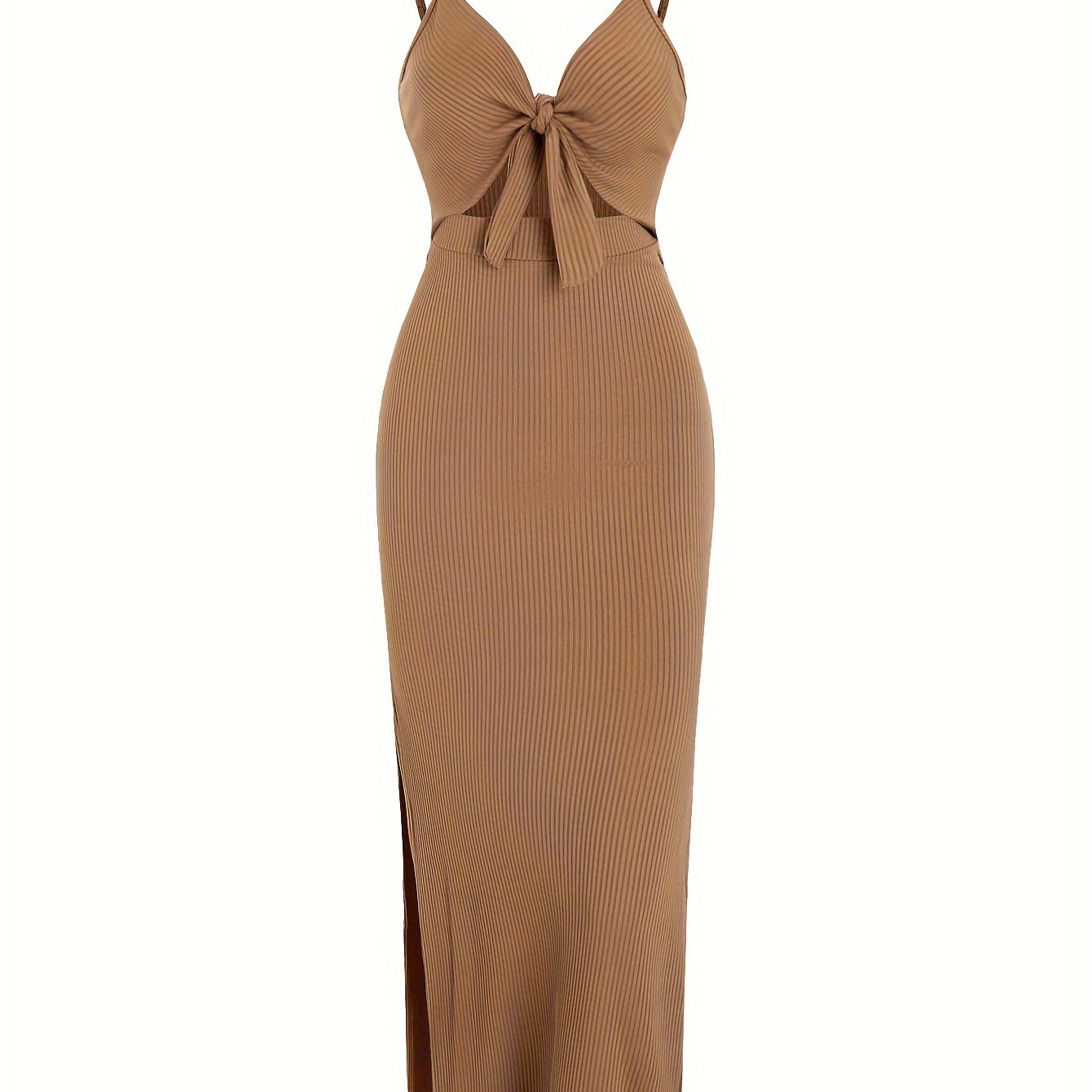 Sexy Spaghetti Strap Ribbed Knot Cutout Side Split Maxi Dress, Solid Body-Con Dress For Spring & Fall, Women's Clothing