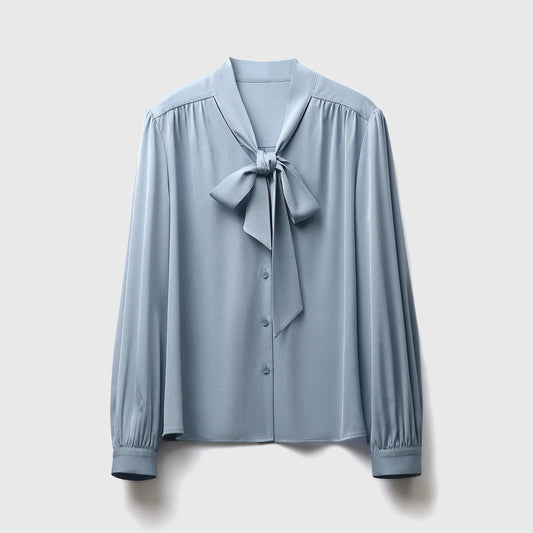 Acetic Satin French Ribbon Bow Long Sleeve Women's Autumn Shirt