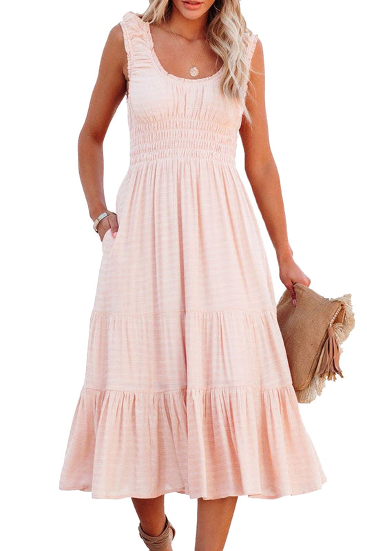 Apricot Smocked Ruched Sleeveless High Waist Midi Dress with Pockets