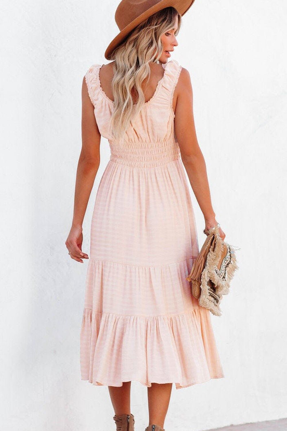 Apricot Smocked Ruched Sleeveless High Waist Midi Dress with Pockets