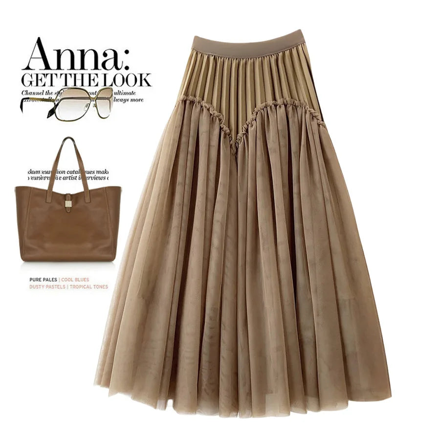 Atmospheric Pleated Puffy Mesh Autumn Spring Skirt