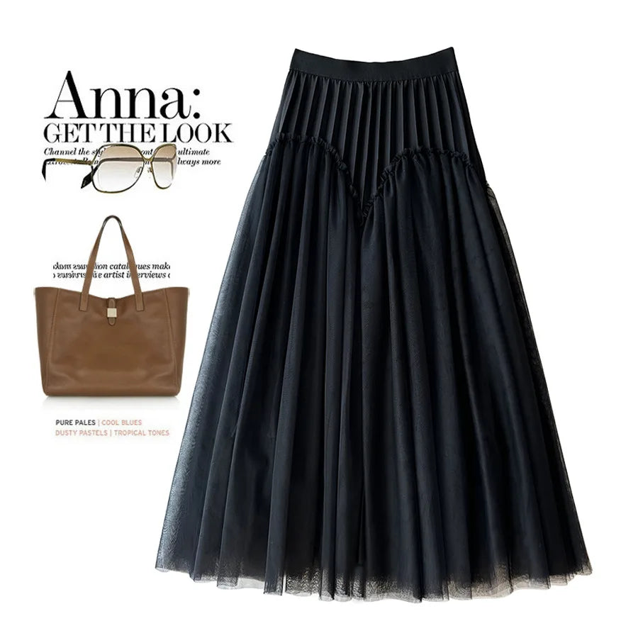 Atmospheric Pleated Puffy Mesh Autumn Spring Skirt