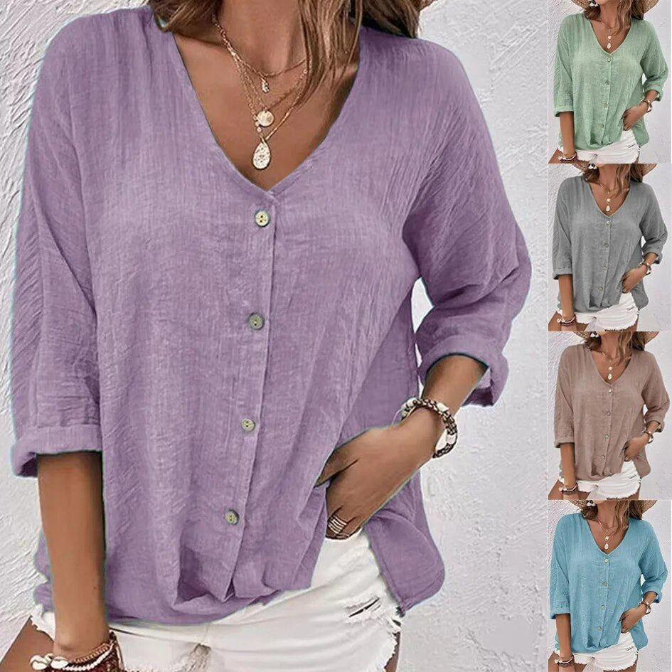 Autumn 2023 New Women's V-neck Solid Color Button Chiffon Long Sleeve Shirt