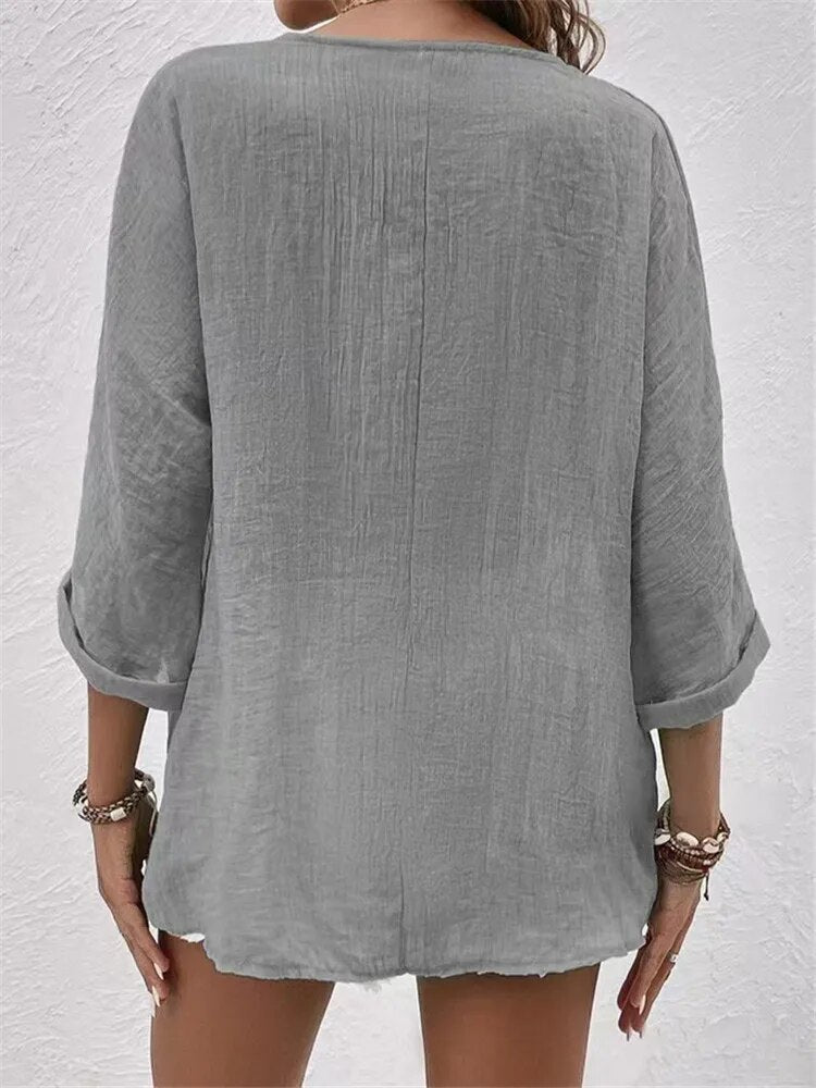 Autumn 2023 New Women's V-neck Solid Color Button Chiffon Long Sleeve Shirt