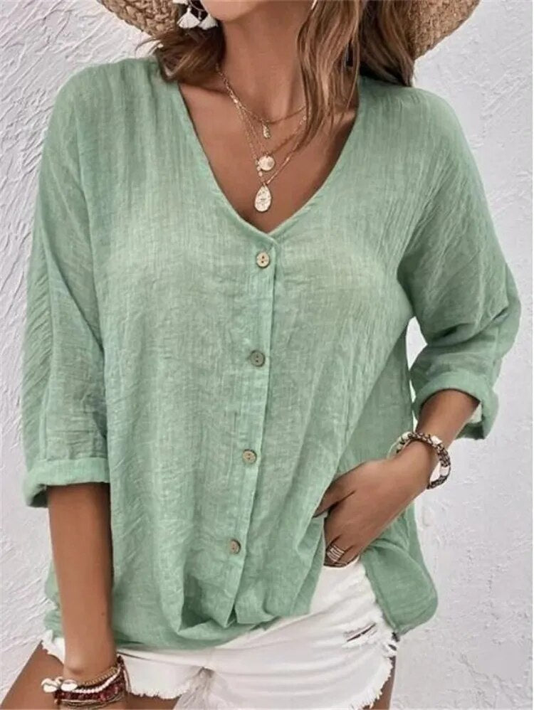 Autumn 2023 New Women's V-neck Solid Color Button Chiffon Long Sleeve Shirt