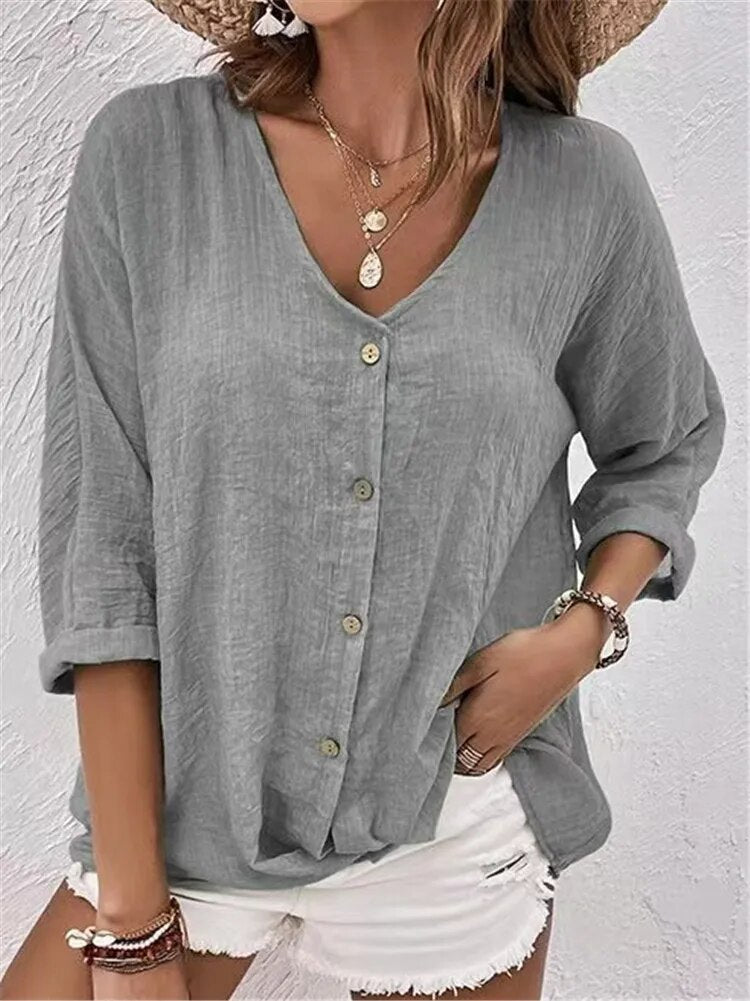 Autumn 2023 New Women's V-neck Solid Color Button Chiffon Long Sleeve Shirt