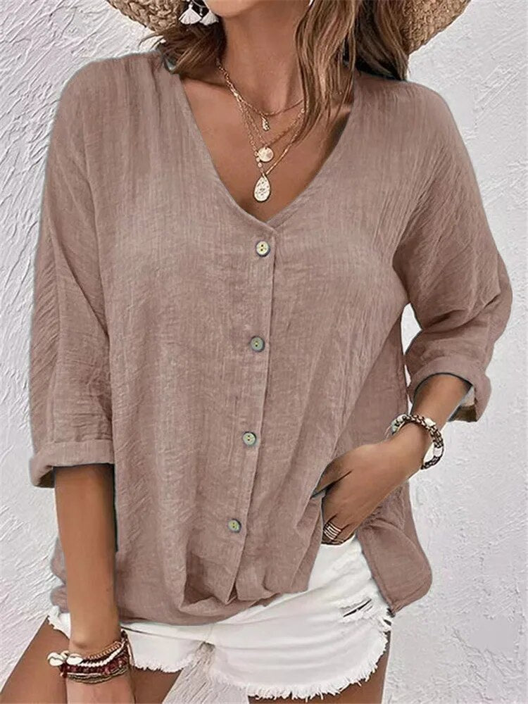 Autumn 2023 New Women's V-neck Solid Color Button Chiffon Long Sleeve Shirt