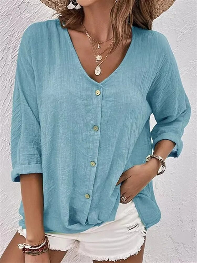 Autumn 2023 New Women's V-neck Solid Color Button Chiffon Long Sleeve Shirt