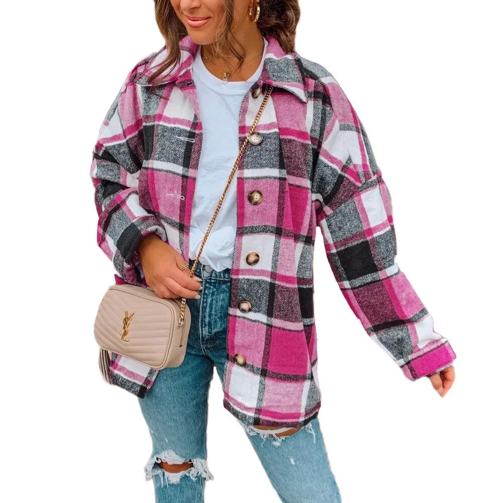 Autumn Long Sleeve Lapel Loose Women's Plaid Shirt Coat