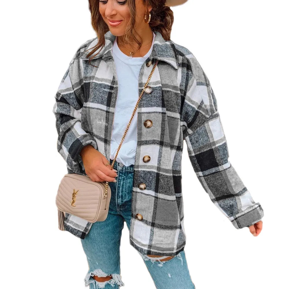 Autumn Long Sleeve Lapel Loose Women's Plaid Shirt Coat