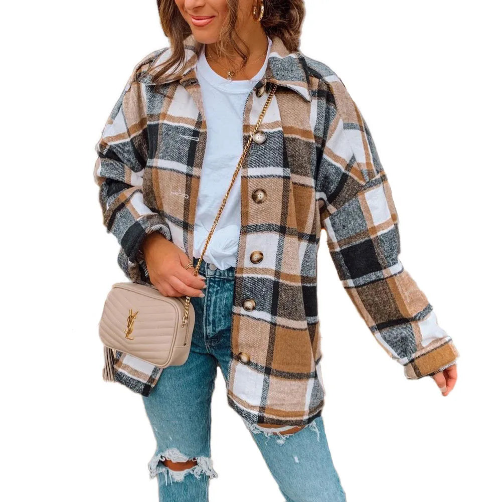 Autumn Long Sleeve Lapel Loose Women's Plaid Shirt Coat