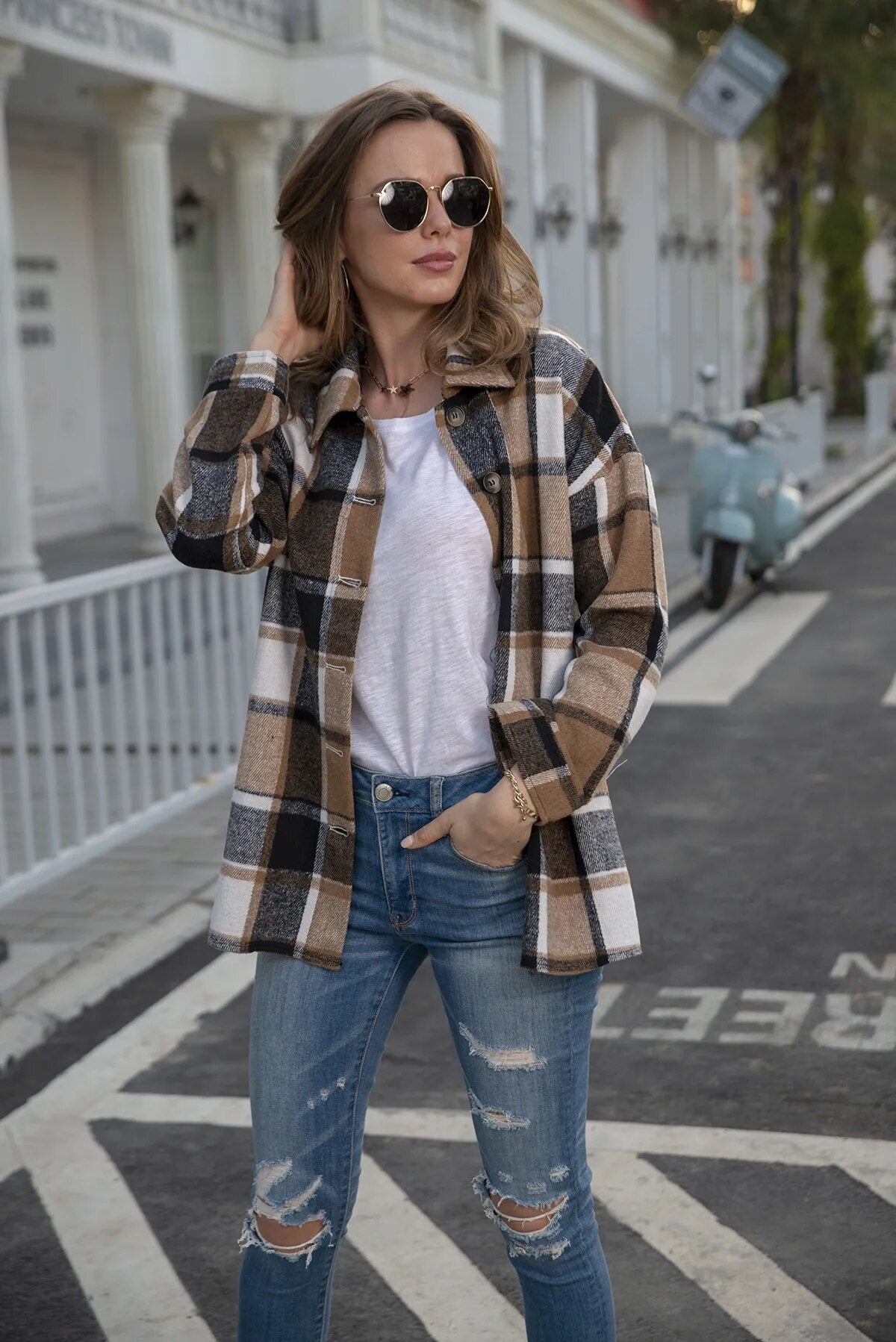 Autumn Long Sleeve Lapel Loose Women's Plaid Shirt Coat