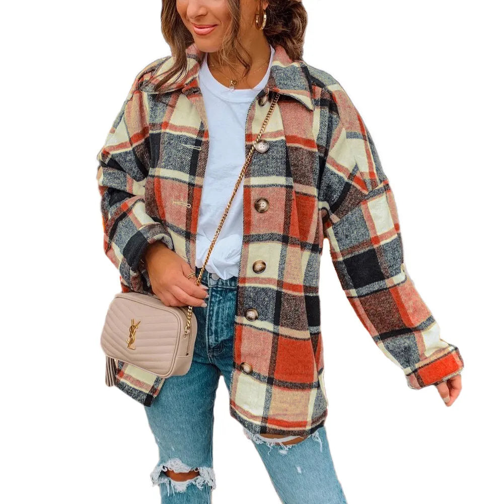 Autumn Long Sleeve Lapel Loose Women's Plaid Shirt Coat