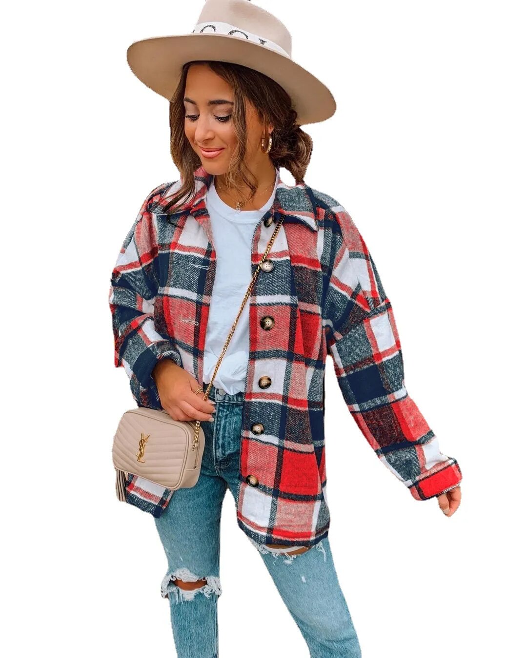 Autumn Long Sleeve Lapel Loose Women's Plaid Shirt Coat