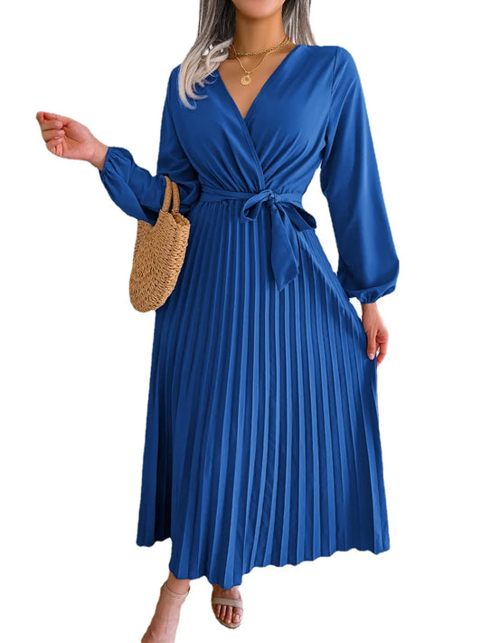 Autumn Long Sleeves V-neck Pleated Lace Up Long Chiffon Dress