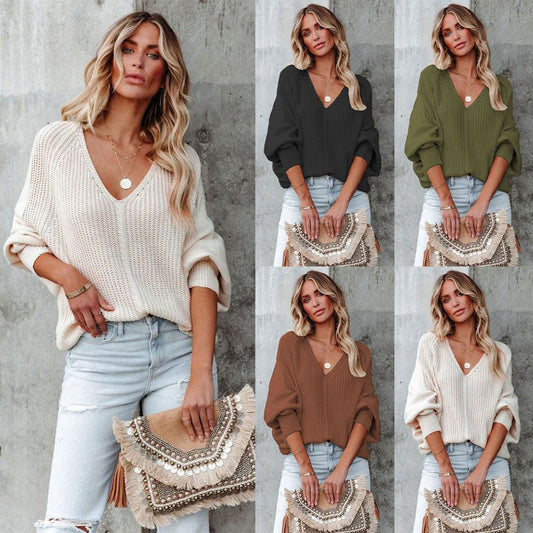 Autumn/Winter Bat Sleeve Off Shoulder V-neck Loose Pullover Sweater Women