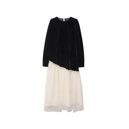 Autumn Winter French Mesh Stitching Velvet Contrasting Colors Long Sleeves Long Dress