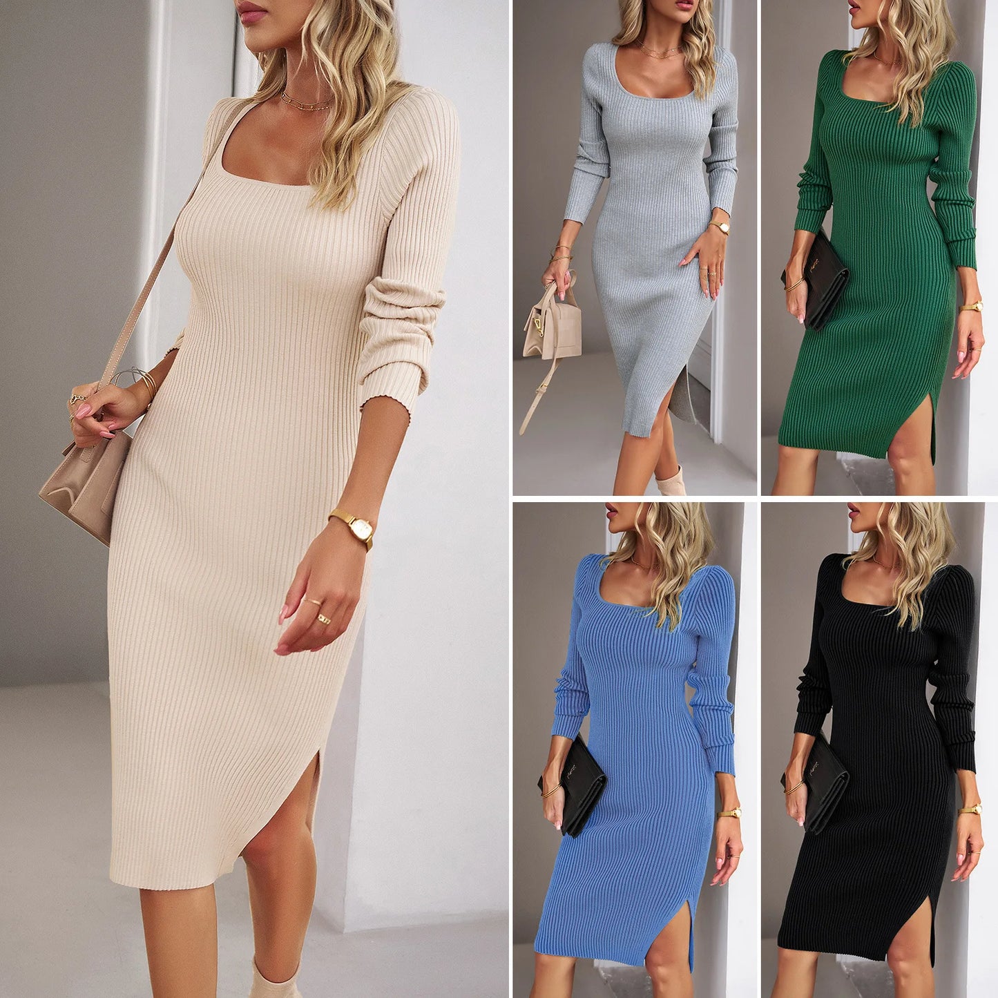 Autumn Winter Square Neck Long Sleeves Knee Length Knited Dress