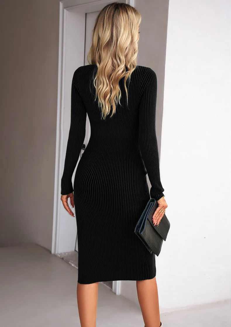 Autumn Winter Square Neck Long Sleeves Knee Length Knited Dress