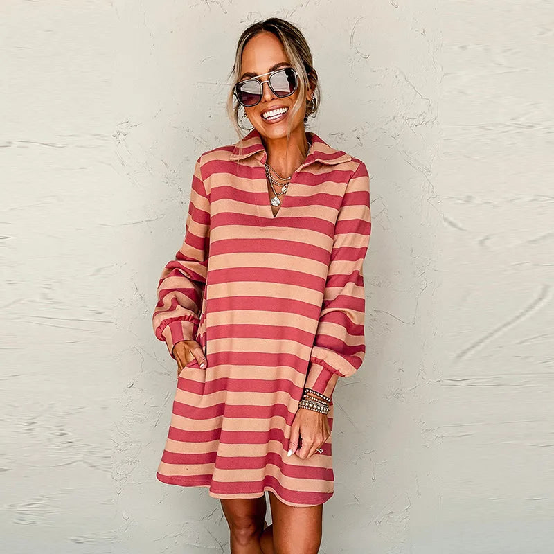 Autumn Winter Stripe Collared V Neck Long Sleeve Loose Casual Short Dress