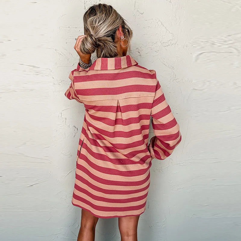 Autumn Winter Stripe Collared V Neck Long Sleeve Loose Casual Short Dress